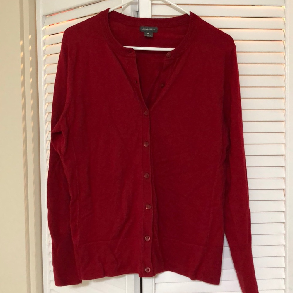 Red button-up sweater